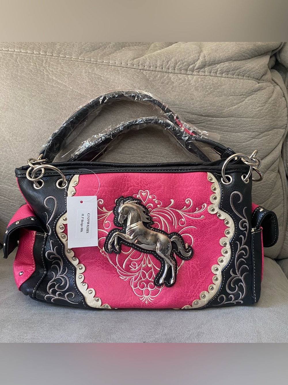 Justin West Western Pink & Black Horse Embroidered Concealed Carry Handbag Purse